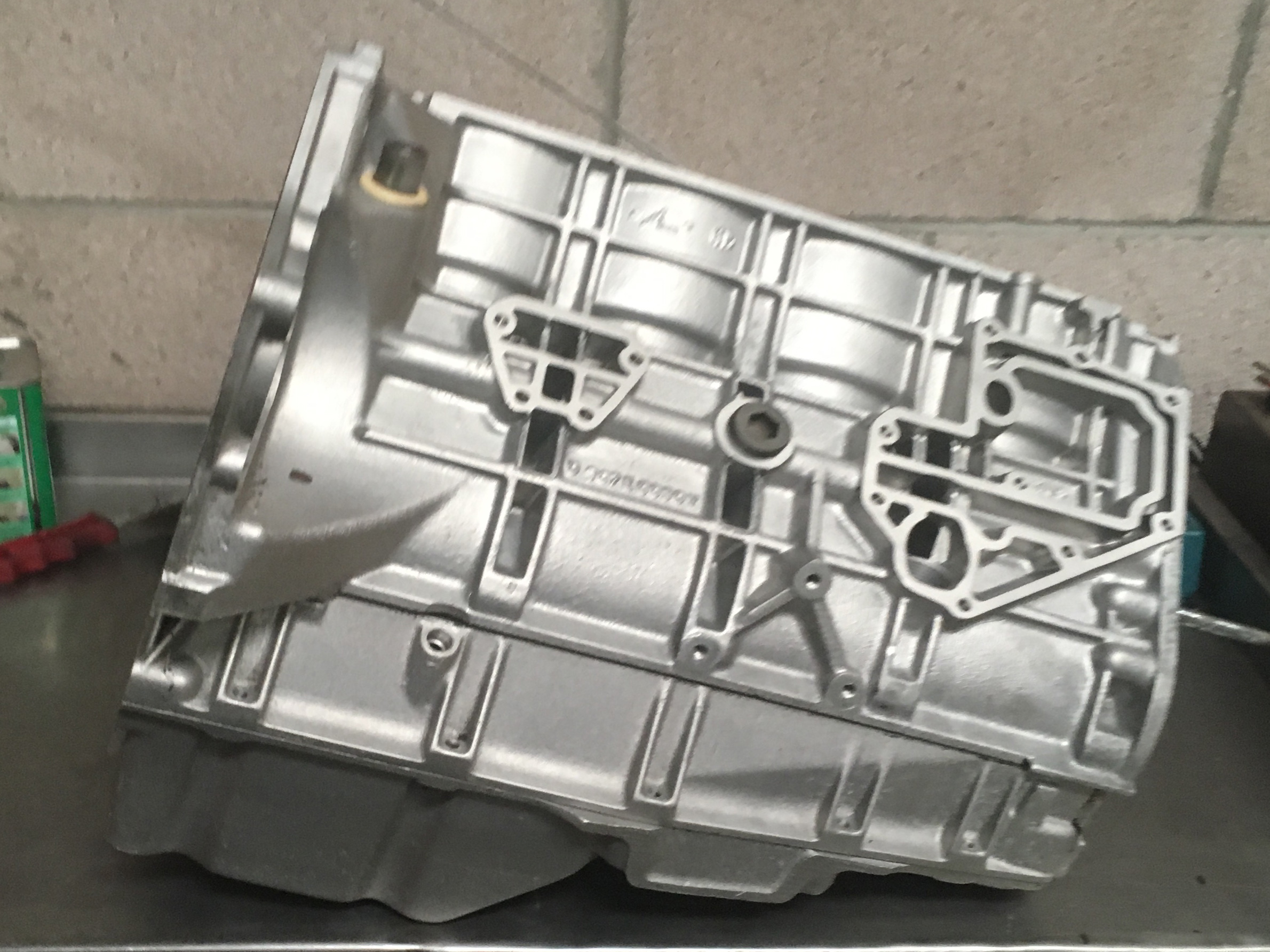 Lotus Esprit 4 Cylinder 900 series engine block after the Esprit Enginering aqua shot blasting process ready for inspection.