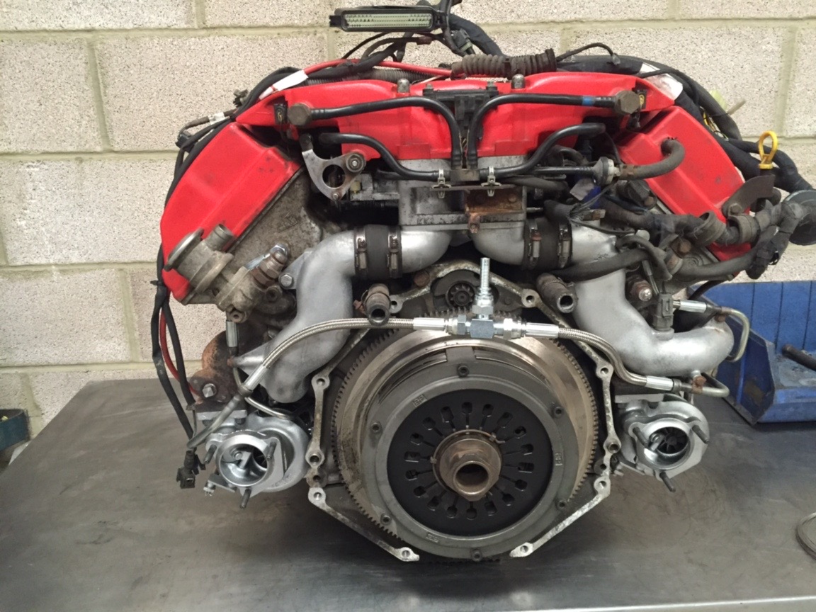 Lotus Esprit V8 Twin Turbo Engine on the bench for turbos, cambelts, oil pipes and clutch