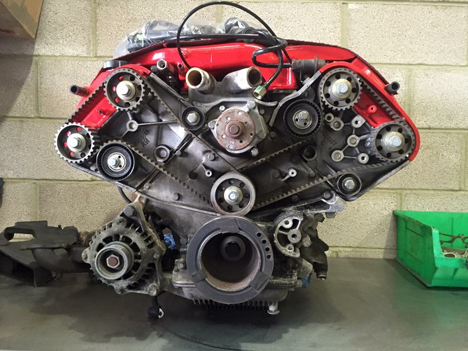 Lotus Esprit V8 Twin Turbo Engine on the bench for turbos, cambelts, oil pipes and clutch